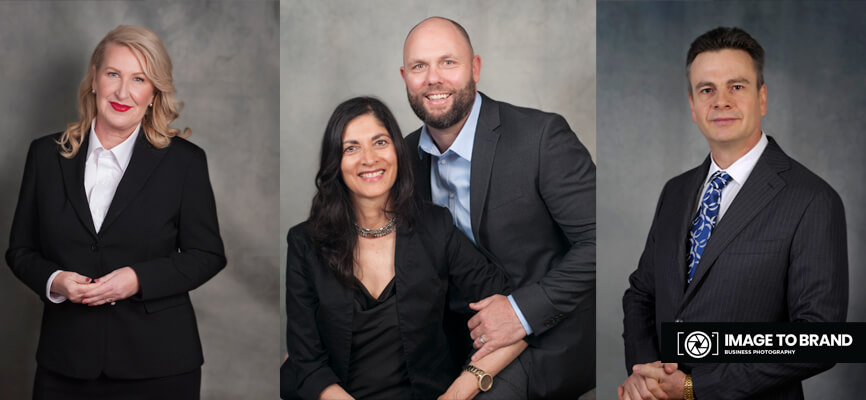Four business owners posing for their individual corporate photos that they can use as their profile photo. 