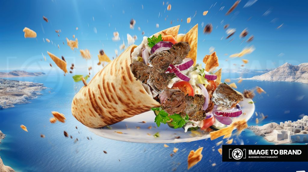 A product photography taken by Image to Brand Photography in Geelong of a flying souvlaki. 